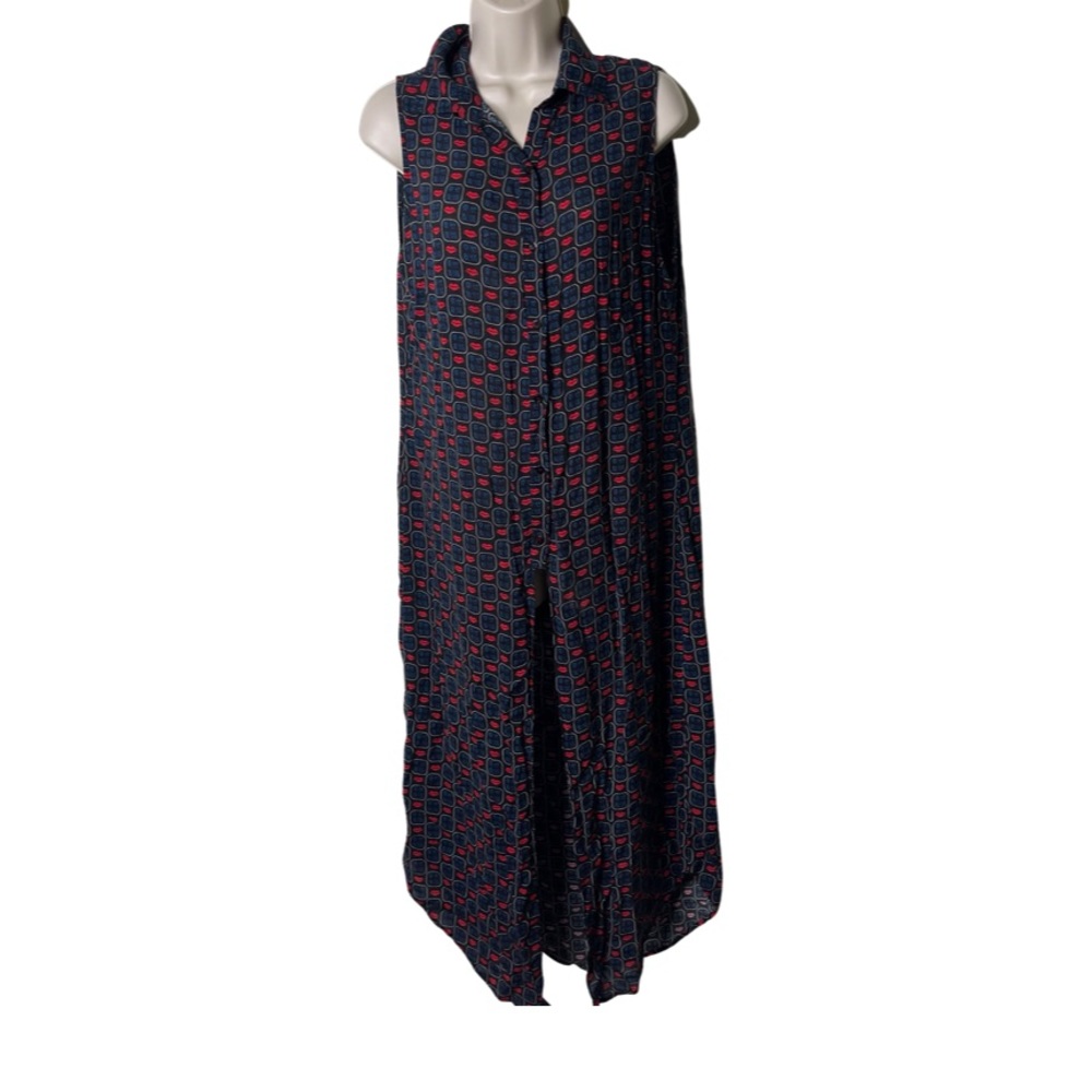Farm Rio navy blue red lips print sleeveless chiffon maxi dress shrug sz M